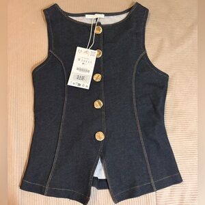 Zara Dark Denim Button-Front Shell Top with Gold Button